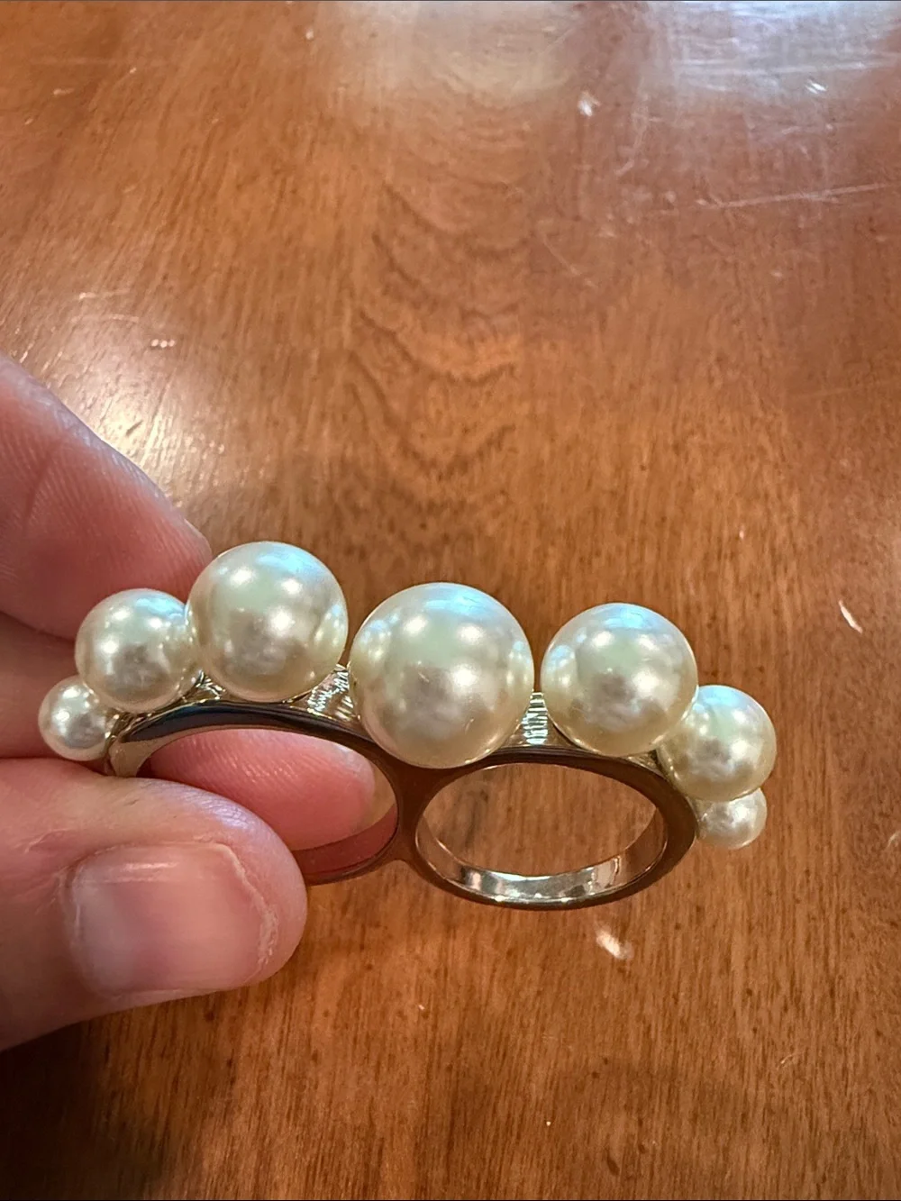 Vintage Designer Signed Double Finger Faux Pearl Statement Ring